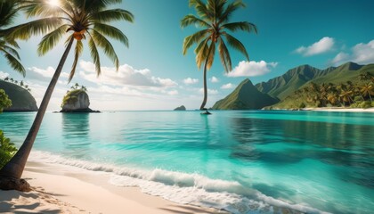 A pristine tropical beach with crystal clear waters, lush green mountains, and two palm trees framing a serene view. AI Generation