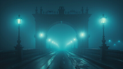 central shot of a foggy bridge at night with futuristic streetlights with light blue lighting.
