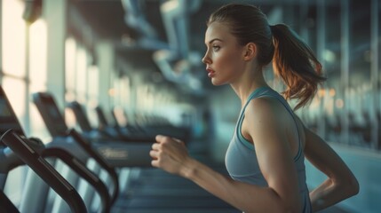 Woman Running on a Treadmill - obrazy, fototapety, plakaty