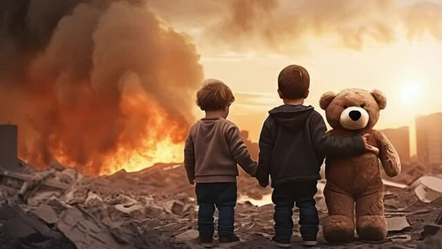 kids holding teddy bear over city burned destruction of an aftermath war conflict, earthquake or fire and smoke of political world war against children innocence concept 