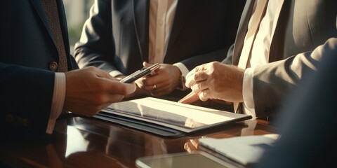 Obraz premium Group of men in suits sitting at a table, suitable for business concepts