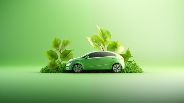 Green 3d car with green leaves. Electric car on green background. Eco clean Energy, Environmental Alternative Energy Concept.