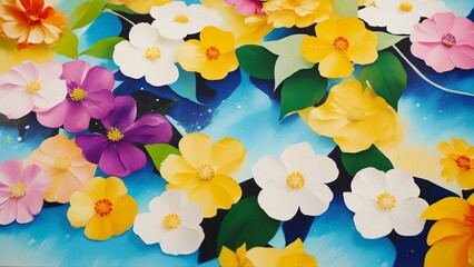 Oil paintings of abstract flowers and leaves. Sprinkled paint on smooth paper, giving the paper a...