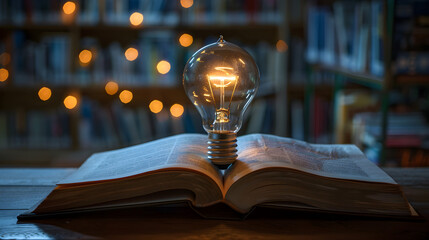 A light bulb and an open book symbolizing inspirational ideas and knowledge innovation concept on book day.