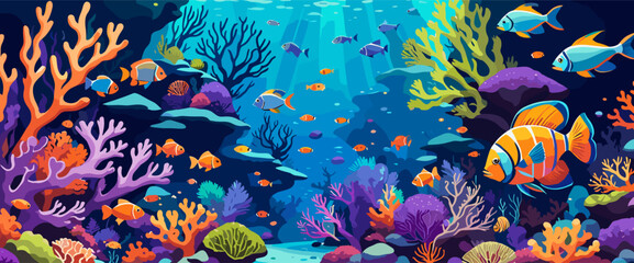 Underwater vector background, banner. Life at sea or ocean bottom. Exotic undersea world with coral reef, colorful fish, cute underwater creatures. Marine landscape, seascape. - obrazy, fototapety, plakaty
