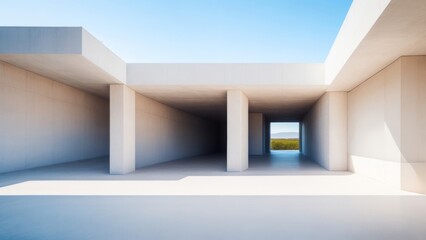 Empty abstract architecture building in minimal concrete design with open space floor courtyard white podium. Creative, AI Generated