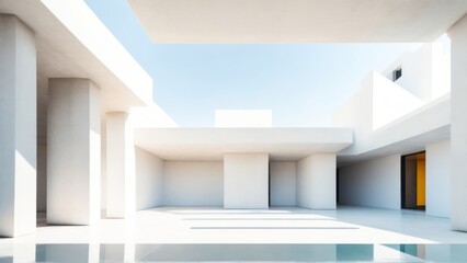 Empty abstract architecture building in minimal concrete design with open space floor courtyard white podium. Creative, AI Generated