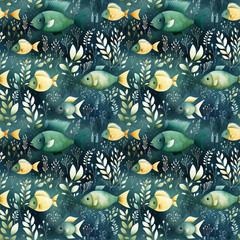 seamless pattern with watercolor fish swimming in the depths of the sea among algae