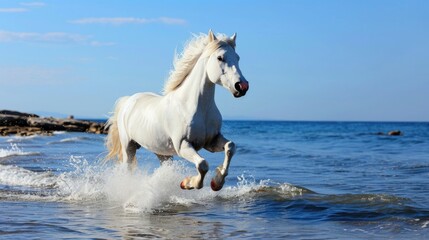 Obraz premium A majestic white horse galloping through the water on a beautiful beach