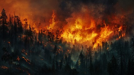 A Nighttime Forest Wildfire - obrazy, fototapety, plakaty