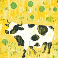 A stylized illustration of a cow on a vibrant yellow background with abstract green shapes