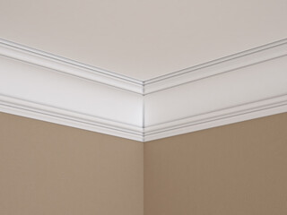 Part of the interior with a white ceiling cornice and beige wallpaper. 3D Render. © psycoma