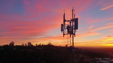 photo of a state-of-the-art cell tower in the evening background