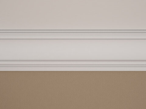 Part of the interior with a white ceiling cornice and beige wallpaper. 3D Render.