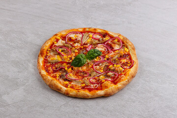 chicken BBQ Pizza. Pizza sauce, mozzarella, chicken breast, bacon, red onion, BBQ sauce, traditional pastry,