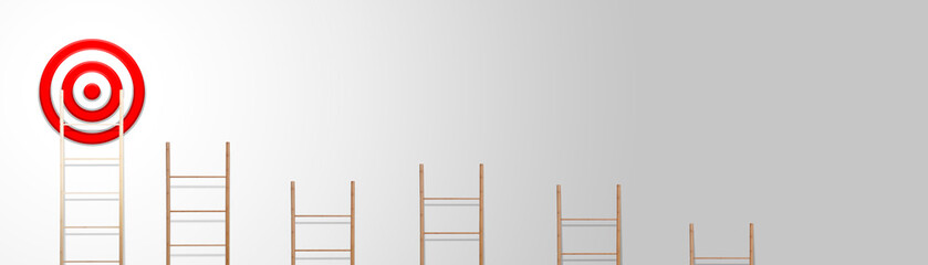 Target and achievement concept. Wooden ladders and one leading to bullseye on light grey...