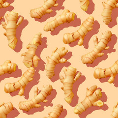 Naklejka premium Pattern of fresh ginger roots looks on yellow background, top view, sharp shadows