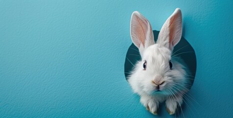 Obraz premium White rabbit peeking out of hole in wall