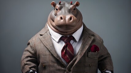 Hippo dressed in a tie and tweed jacket.