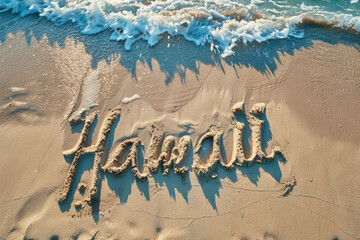Hawaii written in the sand on a beach. Hawaiian tourism and vacation background - 783987594
