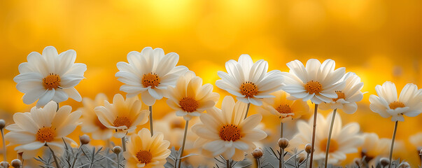 yellow and white flowers on yellow background, shaped canvas, panorama, website, minimalist...