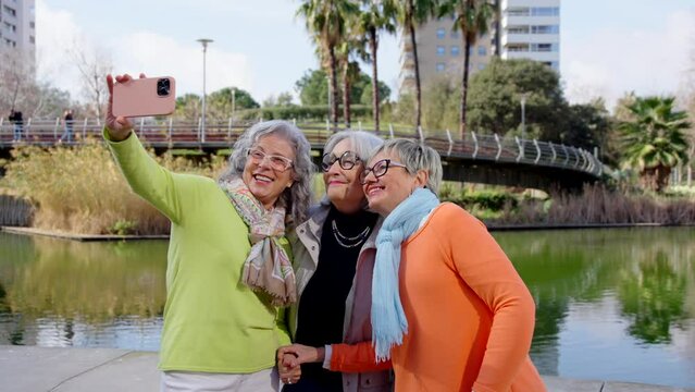 Small group of mature women taking a selfie in a park. Senior tourists having fun outside.
