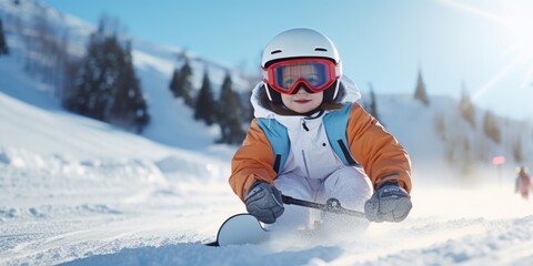 A young child enjoying skiing on a snow covered slope