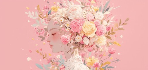 woman's profile with floral elements, symbolizing beauty and springtime joy 