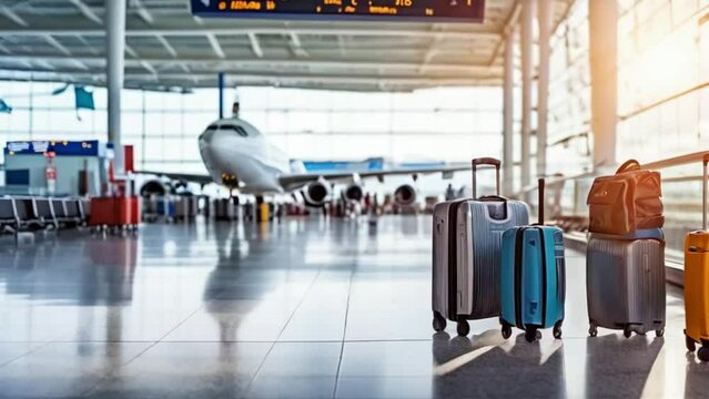 luggage suitcases at the airport wide banner with copy space area for vacations and holiday 