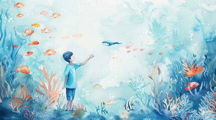 Fototapeta na wymiar Young Boy Admiring Ocean Life Watercolor Art