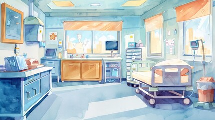 Bright Hospital Room Watercolor with Blue Tones