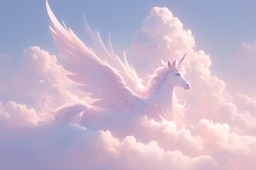 white unicorn in pink fluffy clouds, pastel colors - obrazy, fototapety, plakaty