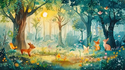 Enchanted Forest with Animals in Sunlight