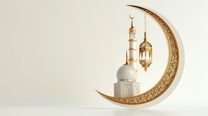 3D mosque design, crescent moon and lanterns, Islamic concept, especially for Ramadan