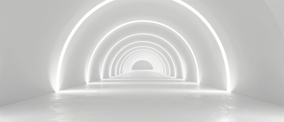 Modern White Arch Corridor Design Illuminated by Subtle Lighting, Minimalist Architecture Concept
