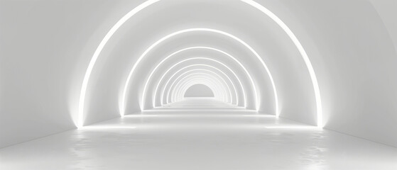 Obraz premium Modern White Arch Corridor Design Illuminated by Subtle Lighting, Minimalist Architecture Concept 
