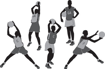 A collection of netball players women as silhouettes jumping, shooting and catching the ball