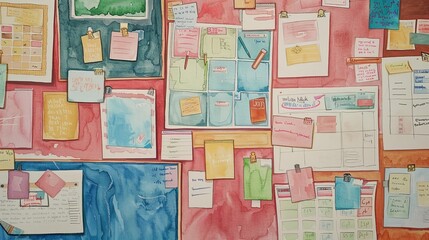 Colorful Watercolor Sticky Notes on Bulletin Board