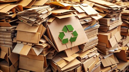 There is a lot of cardboard in a stack, with a green recycling icon in the center.