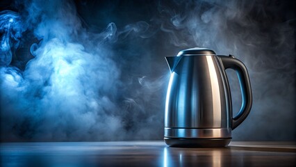 A metal electric kettle on a dark background in smoke is illuminated with blue light. Empty place