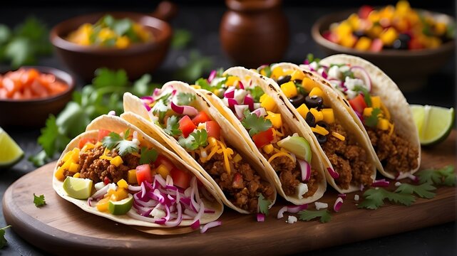 Tacos that are sizzling and bursting with color - A picture that depicts mouthwatering tacos that are bursting with color and spices that are arranged in a captivating way.