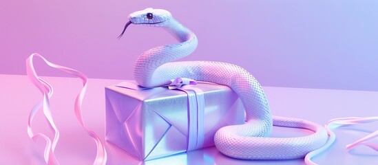 A sleek white snake is artfully posed atop a silver gift box with a ribbon, accentuated by a soft purple-pink lighting