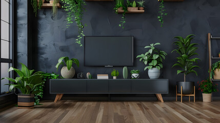Interior design of modern living room in dark gray style with plants and TV