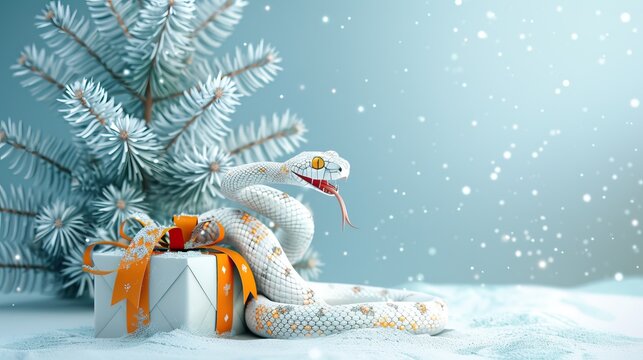 A snake with a holiday hat sits beside a gift under a snowy Christmas tree