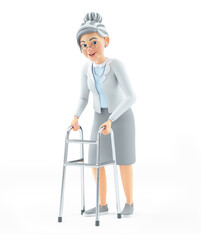 3d cartoon granny walking with walker