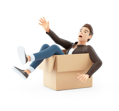 3d cartoon man falling into cardboard box