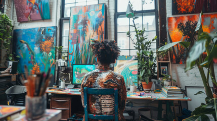 A queer artist creating vibrant and expressive artwork in their studio