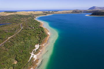 Aerial photo of Lake Taharoa in New Zealand