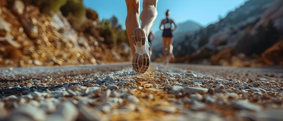 Runners' Synchronous Cadence on a Lone Road. Concept Running, Synchronous, Cadence, Lone Road, Meditation - obrazy, fototapety, plakaty