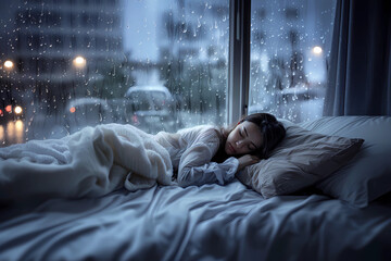 As the cold night rain beats against the window, a young woman rests serenely in the warmth of her bed, enveloped in peaceful slumber, undisturbed by the storm outside